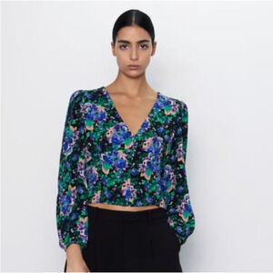 Zara size XS floral long-sleeve crop top vibrant blue and green botanical corset
